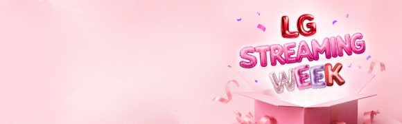 Bunte, ballonartige „LG Streaming Week“ Schriftzüge steigen aus einer geöffneten pinkfarbenen Geschenkbox auf, umgeben von Bändern und Konfetti auf einem zartrosa Hintergrund.
