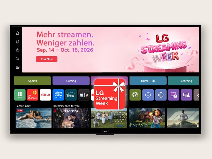 webOS Home UI mit einem LG Streaming Week Banner und App-Symbol, wobei Streaming-Apps und empfohlene Inhalte auf dem Bildschirm angezeigt werden.