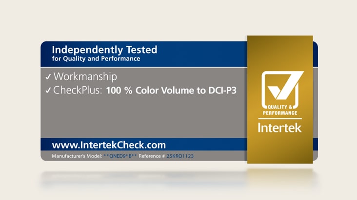 Ein Sticker der Intertek-Zertifizierung unterstreicht, dass das LG Gallery TV AI mit Rahmen LX7 ART TV von Intertek das Zertifikat „100% Color Volume in DCI-P3“ erhalten hat.