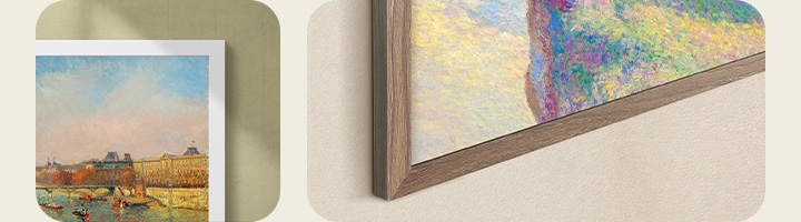 Das LG Gallery TV AI mit Rahmen LX7 ART TV mit Attachable Frame wird in zwei Nahaufnahmen gezeigt, die die Rahmenausführungen „Snow White“ und „Warm Walnut“ hervorheben, die den Bildschirm umgeben.