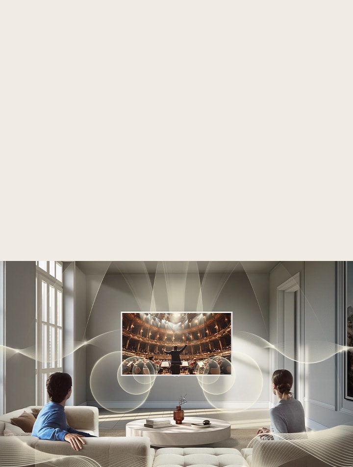 LG Gallery TV AI with frame LX7 ART TV featuring Virtual 9.1.2 Ch by AI Sound Pro plays an orchestra performance on screen, filling a modern living space with multi-directional sound for a deeply immersive experience.