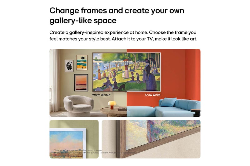 Das LG Gallery TV AI mit Rahmen LX7 ART TV mit LG Gallery+ zeigt eine kuratierte Auswahl an Kunstwerken, darunter Vincent van Goghs „Weizenfeld mit Zypressen“, zusammen mit Hinweisen auf Partnermuseen und einem sichtbaren Angebot für einen kostenlosen Probemonat.