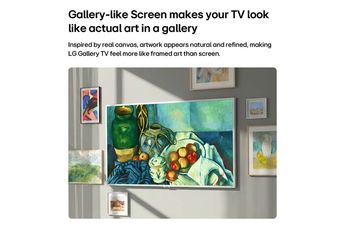 Das LG Gallery TV AI mit Rahmen LX7 ART TV mit Dynamic QNED Color, zeigt eine Nahaufnahme eines detailreichen Gemäldes, bei dem intensivierte Rot-, Gelb- und Grüntöne das 100-prozentige Farbvolumen unterstreichen und die Kunst zum Leben erwecken.