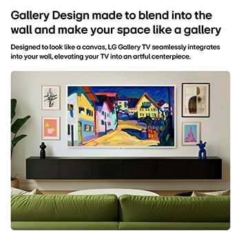 Das LG Gallery TV AI mit Rahmen LX7 ART TV im Gallery Design mit Attachable Frame ist an der Wand montiert und zeigt, wie es die Atmosphäre des gesamten Raums verändert. Es werden sowohl der „Warm Walnut“- als auch der „Snow White“-Rahmen präsentiert.