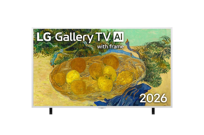 Die Vorderansicht des LG Gallery TV AI mit Rahmen LX7 ART TV, das 2026 auf den Markt kam, besticht durch einen „Snow White“-Rahmen und einen höhenverstellbaren Standfuß; auf dem Bildschirm ist ein lebhaftes Gemälde zu sehen, das gelbe Früchte in einem geflochtenen Korb zeigt.