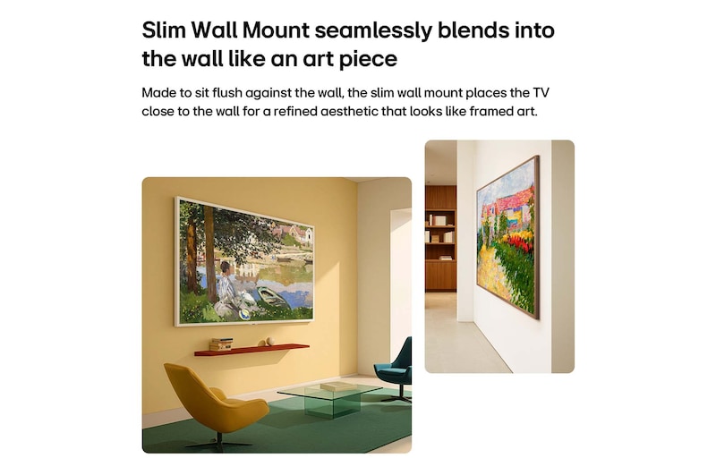 Das LG Gallery TV AI mit Rahmen LX7 ART TV ist mit einem „Snow White“-Rahmen an der Wand montiert und zeigt ein Gemälde von Balletttänzern in einem Studio an einer gelben Wand und wertet das moderne Wohnzimmer durch seine raffinierte Integration im Galerie-Stil auf.