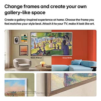 Das LG Gallery TV AI mit Rahmen LX7 ART TV im Gallery Design mit Attachable Frame ist an der Wand montiert und zeigt, wie es die Atmosphäre des gesamten Raums verändert. Es werden sowohl der „Warm Walnut“- als auch der „Snow White“-Rahmen präsentiert.