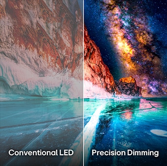 Der LG Mini RGB evo AI MRGB88 betont Precision Dimming für besseren Kontrast durch ein geteiltes Bild, das herkömmliche LEDs auf der linken Seite mit tieferen Schwarztönen und einer verbesserten Kontrastdefinition auf der rechten Seite vergleicht.
