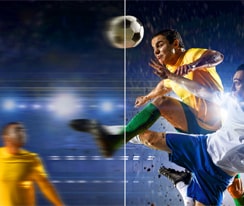 Der LG Mini RGB evo AI MRGB88 mit TruMotion hebt die Bewegungsglättung in einer Fußballszene im geteilten Bildschirm hervor und stellt unscharfe Bewegungen bei ausgeschaltetem TruMotion mit scharfen, klaren Bewegungen bei eingeschaltetem TruMotion gegenüber, um die Klarheit in rasanten Sportarten zu betonen.