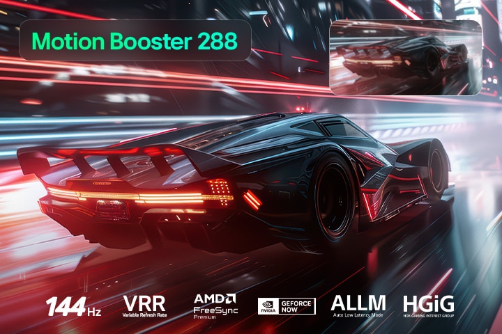 Der LG Mini RGB evo AI MRGB88 mit Ultimate Gameplay präsentiert eine dynamische, rasante Rennszene mit einem unscharfen Vergleichsbild, das den Motion Booster 330 hervorhebt. Es unterstützt außerdem 165 Hz, VRR, AMD FreeSync, ALLM, HGiG und GeForce NOW. 