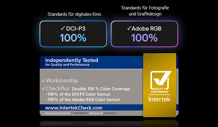 Der LG Mini RGB evo AI MRGB88 mit RGB Primary Color Pro bietet 100 % Farbabdeckung von DCI-P3 und Adobe RGB, zertifiziert von Intertek.