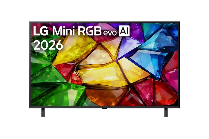 Die Vorderansicht des LG Mini RGB evo AI MRGB85, das 2026 auf den Markt kam, zeigt ein lebendiges, kristallines Bild von scharf definierten mehrfarbigen Facetten mit 75-Zoll-Display, webOS, RGB Primary Color Pro und alpha 8 AI Processor 4K Gen3.