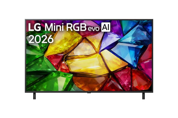 Die Vorderansicht des LG Mini RGB evo AI MRGB85, das 2026 auf den Markt kam, zeigt ein lebendiges, kristallines Bild von scharf definierten mehrfarbigen Facetten mit 75-Zoll-Display, webOS, RGB Primary Color Pro und alpha 8 AI Processor 4K Gen3.