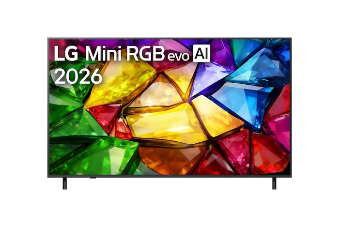 Die Vorderansicht des LG Mini RGB evo AI MRGB85, das 2026 auf den Markt kam, verfügt über einen schmalen schwarzen Rahmen auf flachen Füßen; ein lebendiges, kristallklares Bild mit scharf definierten mehrfarbigen Facetten füllt den Bildschirm.
