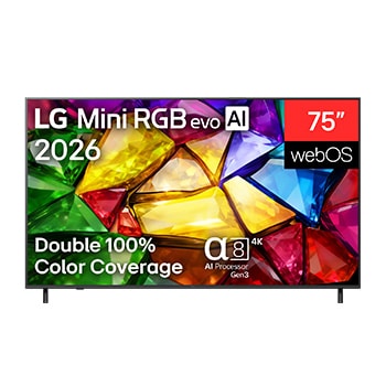 Die Vorderansicht des LG Mini RGB evo AI MRGB85, das 2026 auf den Markt kam, zeigt ein lebendiges, kristallines Bild von scharf definierten mehrfarbigen Facetten mit 75-Zoll-Display, webOS, RGB Primary Color Pro und alpha 8 AI Processor 4K Gen3.
