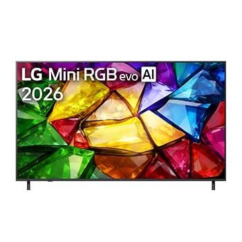Vorderseite von 75 Zoll LG Mini RGB evo AI MRGB87 4K Smart TV 2026 75MRGB87B9B