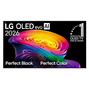 Die Vorderansicht des LG OLED evo AI C6, das 2026 auf den Markt kam, zeigt ein Bild aus vielschichtigen, bunten Formen mit perfektem Schwarz und perfekter Farbe sowie dem Emblem „Bestes OLED TV weltweit seit 13 Jahren“.
