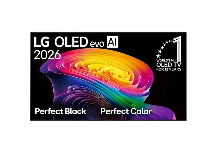 Die Vorderansicht des LG OLED evo AI C6, das 2026 auf den Markt kam, zeigt ein Bild aus vielschichtigen, bunten Formen mit perfektem Schwarz und perfekter Farbe sowie dem Emblem „Bestes OLED TV weltweit seit 13 Jahren“.
