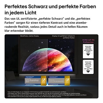 Das LG OLED evo AI C6 zeigt einen geteilten Bildschirm mit Planeten und Sternen und einer Gegenüberstellung eines matten Displays mit Anti-glare und der Anzeige mit perfektem Schwarz und perfekten Farben, die bei jedem Licht eine klarere Bildqualität bietet. Unterstützt wird sie durch UL-Zertifizierung und Intertek-Zertifizierungen für Farbvolumen und Farbtreue.