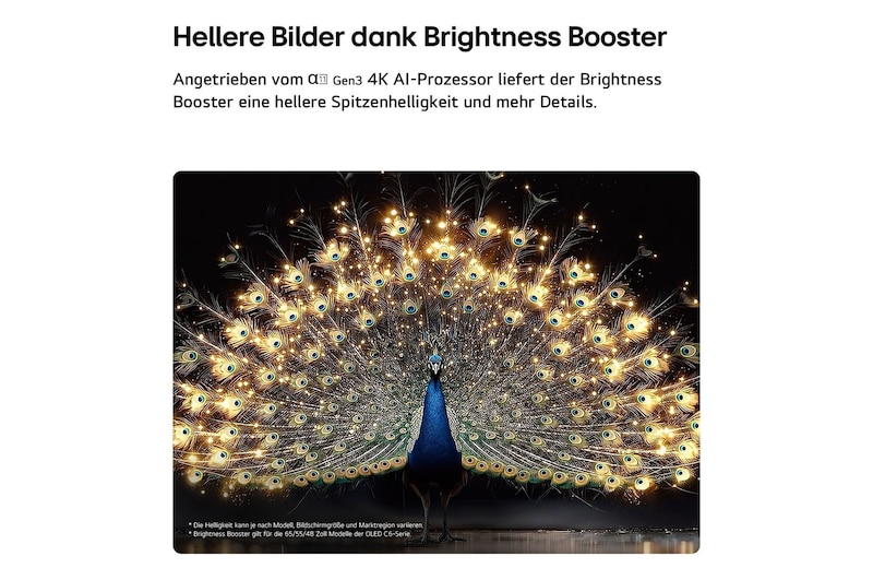 Das LG OLED evo AI C6 mit Brightness Booster zeigt eine dunkle Szene, in der ein prächtig beleuchteter Pfau sein strahlendes, leuchtendes Gefieder entfaltet, und liefert hellere Highlights mit verbesserten Details und beeindruckendem Kontrast.
