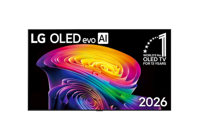 Die Vorderansicht des LG OLED evo AI C6, das 2026 auf den Markt kam, zeichnet sich durch einen schlanken schwarzen Rahmen aus. Auf dem Bildschirm ist ein lebhafter, plastischer Wirbel aus geschichteten Regenbogentönen zu sehen.
