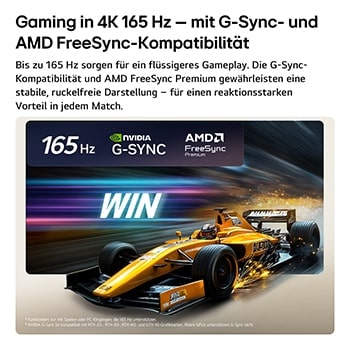 Das LG OLED evo AI C6 für unschlagbares Gameplay in 4K 165 Hz zeigt ein High-Speed-Rennspiel mit einem gelben offenen Auto in Bewegung, fettem „WIN“-Text auf dem Bildschirm und NVIDIA G-SYNC- und AMD FreeSync™ Premium-Logos oben.