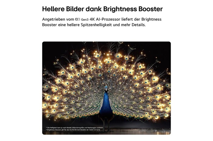 Das LG OLED evo AI C6 mit Brightness Booster zeigt eine dunkle Szene, in der ein prächtig beleuchteter Pfau sein strahlendes, leuchtendes Gefieder entfaltet, und liefert hellere Highlights mit verbesserten Details und beeindruckendem Kontrast.