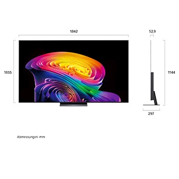 Das LG OLED evo AI C6, gezeigt in Vorder- und Seitenansicht, verfügt über ein 77-Zoll-Display mit einer Bildschirmbreite von 1711 mm, einer Gesamthöhe von 982 mm und einer ultraschlanken Tiefe von 47,1 mm ohne Standfuß.