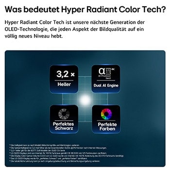 Das LG OLED evo AI C6 mit Hyper Radiant Color Tech für perfektes Schwarz und perfekte Farben, 3,2-mal hellerem Display und alpha 11 AI Processor 4K Gen3 mit Dual AI Engine.