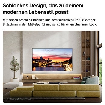 Das LG OLED evo AI C6, wandmontiert in einem stilvollen Wohnraum, bietet ein ultraschlankes Design mit schmalen Rändern. Auf dem Bildschirm ist eine Stadtlandschaft am Fluss bei Sonnenuntergang zu sehen. 