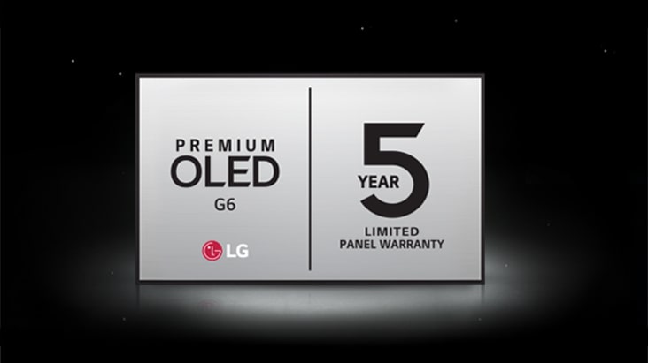 Das Logo für die 5-jährige beschränkte Garantie auf das Panel für das Premium-Model OLED G6 wird auf einem dunklen Hintergrund dargestellt.