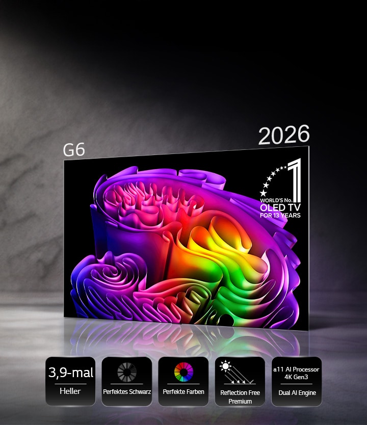Der LG OLED evo AI G6, powered by Hyper Radiant Color Tech, zeigt ein lebendiges abstraktes Papierkunstbild auf dem Bildschirm mit Symbolen für eine 3,9-mal hellere Spitzenhelligkeit, perfektes Schwarz, perfekte Farben, alpha 11 Gen3 4K AI-Prozessor Dual AI Engine und Reflection Free Premium.