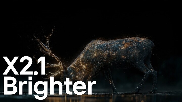 LG OLED evo AI G6 with Brightness Booster Pro shows a dark scene where glowing particles surrounding a deer silhouette, delivering up to 2.1x brighter peak brightness with higher luminance and clearer detail.  