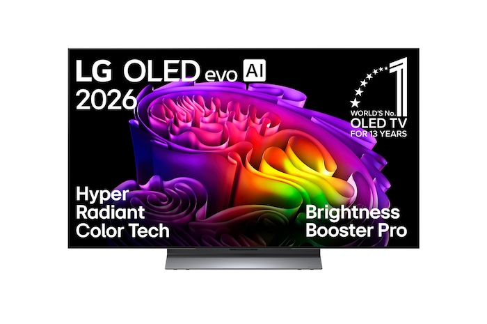Die Vorderansicht des LG OLED evo AI G6, das im Jahr 2026 auf den Markt kam, zeichnet sich durch einen schlanken schwarzen Rahmen aus; mit einem lebendigen, plastischen Bild aus vielschichtigen, bunten Formen, das den Bildschirm ausfüllt.