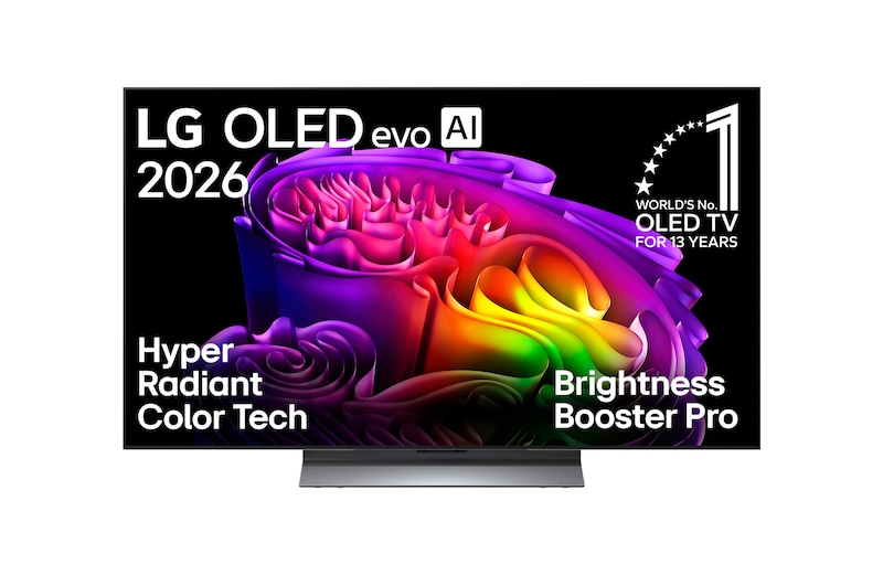Vorderseite von 48-Zoll LG OLED evo AI G6 4K Smart TV 2026 | mit Standfuss OLED48G69LS