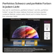 Das LG OLED evo AI G6 zeigt einen geteilten Bildschirm mit Planeten und Sternen und einer Gegenüberstellung eines matten Displays mit Anti-glare und der Anzeige mit perfektem Schwarz und perfekten Farben, die bei jedem Licht eine klarere Bildqualität bietet. Unterstützt wird sie durch UL-Zertifizierung und Intertek-Zertifizierungen für Farbvolumen und Farbtreue.