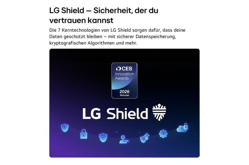 LG Shield, angewendet auf dem LG OLED evo AI G6, wird mit einem LG Shield-Logo in der Mitte, Sicherheitssymbolen darunter und einem 2026 CES Innovation Awards Honoree-Emblem darüber gezeigt, das für Daten- und Systemschutz steht.