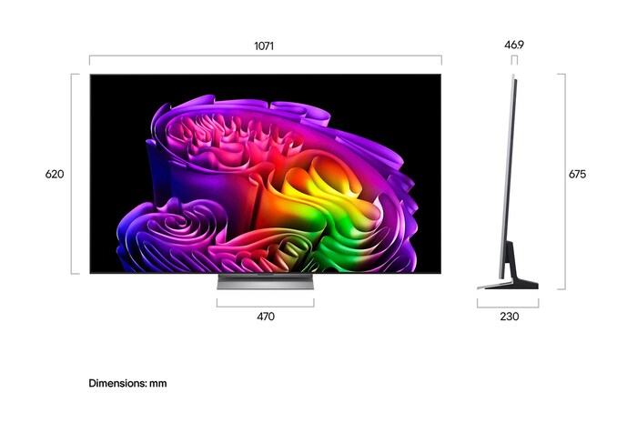 Das LG OLED evo AI G6, gezeigt in Vorder- und Seitenansicht, verfügt über ein 48-Zoll-Display mit einer Bildschirmbreite von 1071 mm, einer Bildschirmhöhe von 620 mm, einer Höhe von 675 mm mit Standfuß, einer Tiefe von 46,9 mm und einer Standfläche von 470 x 230 mm.
