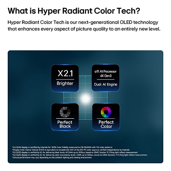 LG OLED evo AI G6 mit Hyper Radiant Color Tech für perfektes Schwarz, perfekte Farbe, 2,1-mal helleres Display und alpha 11 AI Processor 4K Gen3 mit Dual AI Engine.