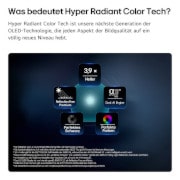 Das LG OLED evo AI G6, ausgestattet mit Hyper Radiant Color Tech, bietet 3,9-mal hellere Bilddarstellung dank alpha 11 AI Processor 4K Gen3 Dual AI Engine, Reflection Free Premium sowie den Emblemen „Perfektes Schwarz“ und „Perfekte Farbe“ in einem fünfeckigen Layout.