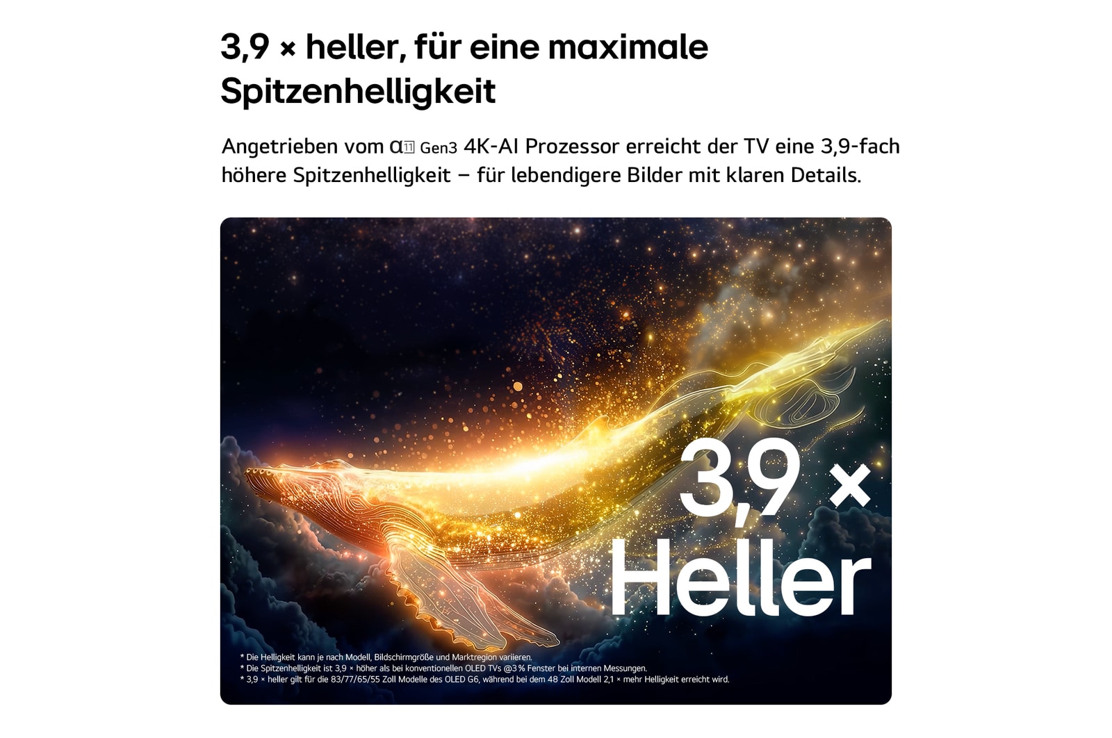 Das LG OLED evo AI G6 mit Brightness Booster Pro zeigt eine dunkle Szene, in der sich die hell beleuchtete Silhouette eines Hirschs von leuchtenden Partikeln abhebt – es bietet eine 2,1-mal hellere Leuchtkraft mit klareren Details.