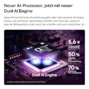 Der alpha 11 AI Processor 4K Gen3 des LG OLED evo G6 AI TV erstrahlt in violettem und blauem Licht auf einer dunklen Leiterplatte. Hervorgehoben ist die Dual AI Engine. Er bietet eine bis zu 5,6-mal schnellere NPU, eine um 50 % schnellere CPU und eine um 70 % stärkere GPU-Leistung.