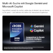 Das Emblem „CES Innovation Awards Honoree 2026“ in der Kategorie „Künstliche Intelligenz“ würdigt Multi AI Search mit Google Gemini und Microsoft Copilot.