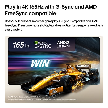 Das LG OLED evo AI G6 für unschlagbares Gameplay in 4K 165 Hz zeigt ein Highspeed-Rennspiel mit einem gelben offenen Rennwagen in Bewegung, einen auffälligen „WIN“-Schriftzug auf dem Bildschirm sowie NVIDIA G-SYNC- und AMD FreeSync Premium-Logos oben auf dem Bildschirm.