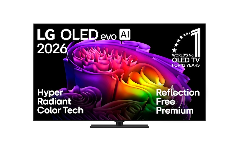 Vorderseite von 65-Zoll LG OLED evo AI G6 4K Smart TV 2026 | mit Standfuss OLED65G69LS