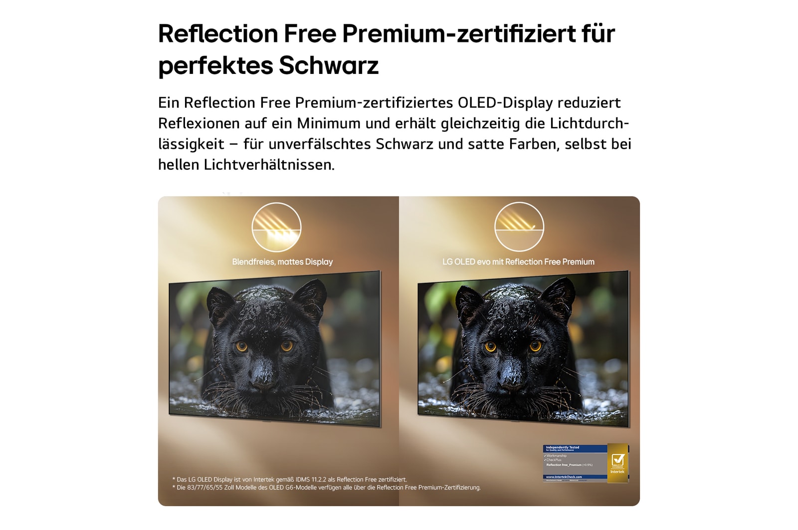 Das LG OLED evo AI G6 mit Reflection Free Premium wird im direkten Vergleich mit einem blendfreien, matten Display gezeigt. Dabei bleibt das Bild des schwarzen Jaguars klar, mit tiefen Schwarztönen und feiner Textur, insbesondere in hellen Umgebungen. Das Gerät verfügt über eine Intertek-Zertifizierungskennzeichnung.