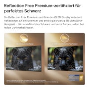 Das LG OLED evo AI G6 mit Reflection Free Premium wird im direkten Vergleich mit einem blendfreien, matten Display gezeigt. Dabei bleibt das Bild des schwarzen Jaguars klar, mit tiefen Schwarztönen und feiner Textur, insbesondere in hellen Umgebungen. Das Gerät verfügt über eine Intertek-Zertifizierungskennzeichnung.