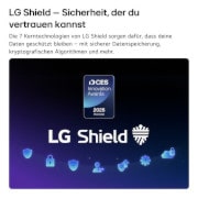 LG Shield, angewendet auf dem LG OLED evo AI G6, wird mit einem LG Shield-Logo in der Mitte, Sicherheitssymbolen darunter und einem 2026 CES Innovation Awards Honoree-Emblem darüber gezeigt, das für Daten- und Systemschutz steht.