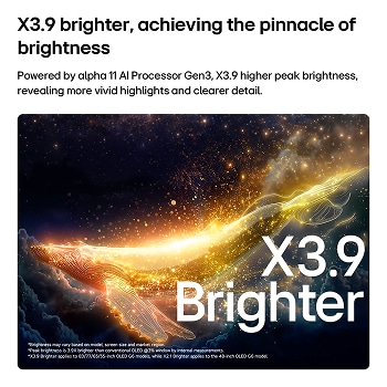 Das LG OLED evo AI G6 mit Brightness Booster Ultra zeigt eine dunkle Szene, in der sich die hell beleuchtete Silhouette eines Wals von leuchtenden Partikeln abhebt – es bietet eine 3,9-mal hellere Leuchtkraft mit klareren Details.