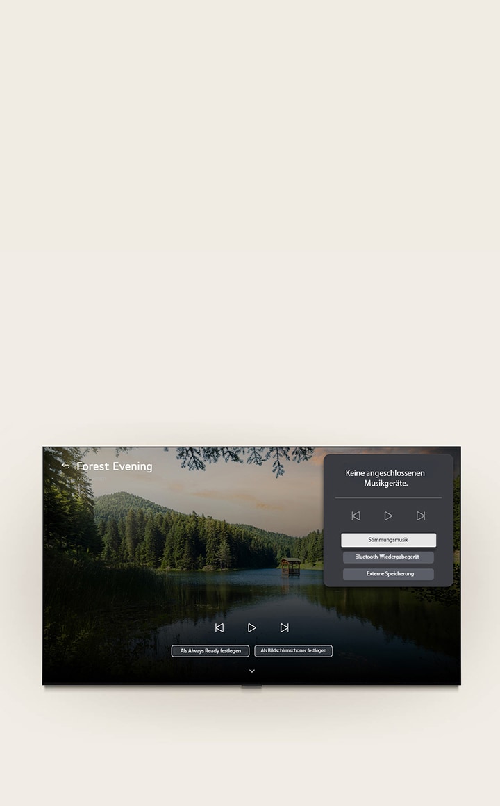 Die LG Gallery+ von LG OLED evo AI W6 Wallpaper TV mit BGM und Music Lounge zeigt die Waldseeszene „Forest Evening“ mit einem sichtbaren Music Lounge UI-Panel für Stimmungsmusik, Bluetooth-Wiedergabe und Steuerelemente.